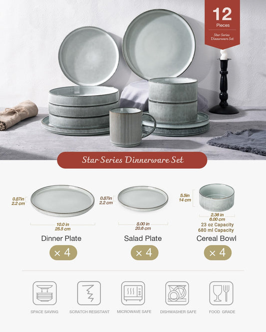 Richmount Star Plates and Bowls Set RRP - £59.99, 12 Pieces Dinner Set for 4, Stoneware Dinnerware Sets with Dinner Plates/Salad Plate/Cereal Bowls, Dishwasher & Microwave Safe, Smoky Blue