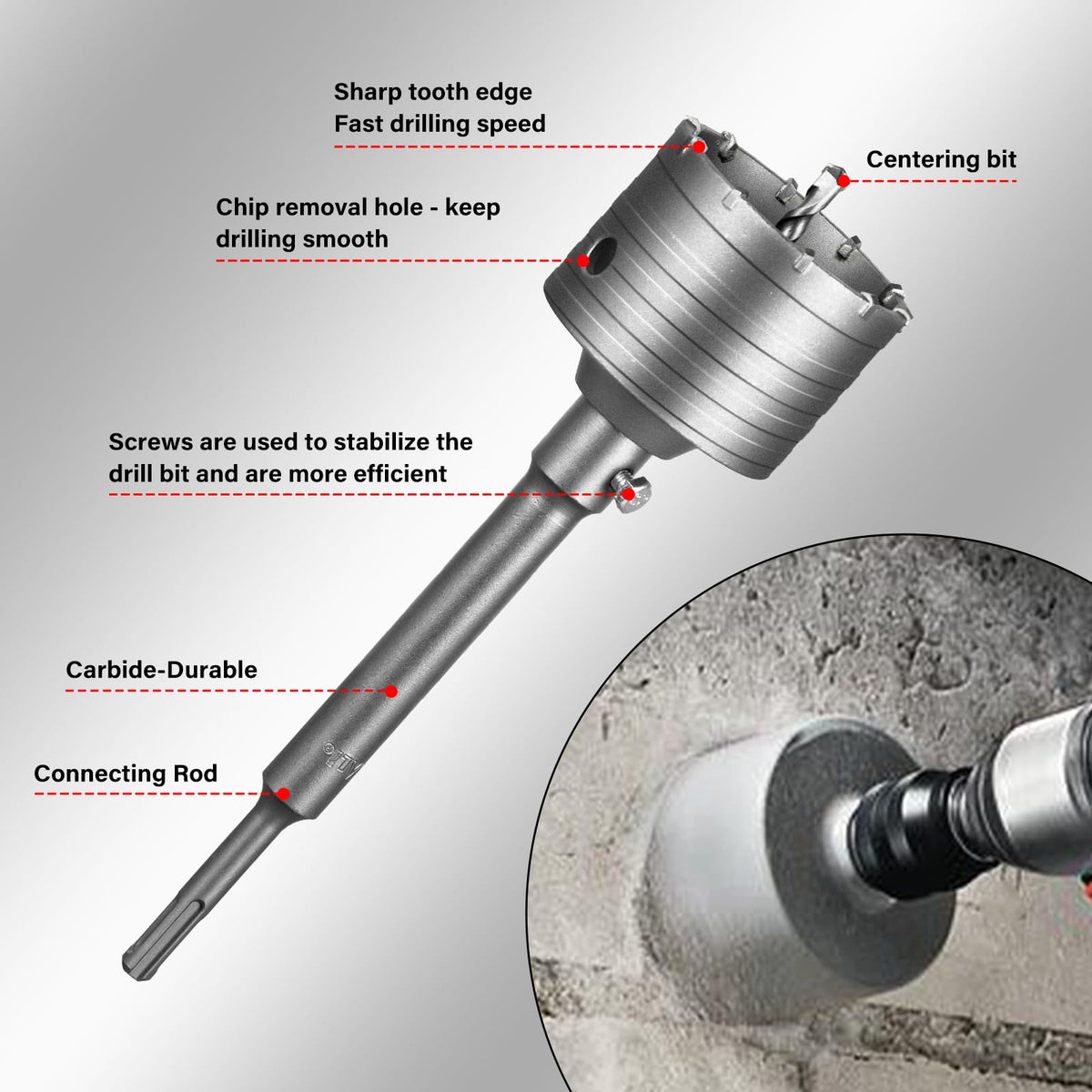 SALI Concrete Hole Saw Kits 110mm Tungsten Steel Wall Hole Cutter Drill Bit Sets with M22 Thread 220mm SDS Plus Shank Connecting Rod Center Positioning Drill Bit for Cement Wall Masonry Foam Brick