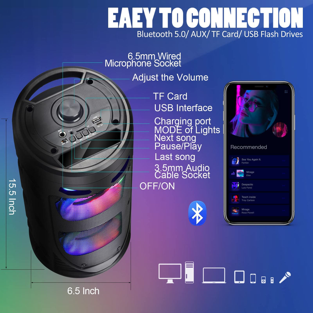 Portable Bluetooth Speaker RRP - £39.99, 30W Wireless Speaker with Double 4’’ Full range Stereo Sound, Mixed Color LED Lights, Remote, Supports EQ, TWS, USB, TF, AUX, Loud Speaker for Travel, Home, Party(1 Pcs)