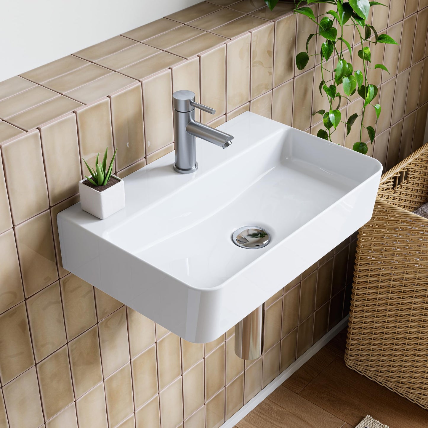 HOROW Wash Basin Sink White - RRP £99.99 - Bathroom Ceramic Sink Countertop or Wall Hung, Rectangular, Thin Edge, with Tap Hole, for Cloakroom Bathroom Small WC (46 * 31)