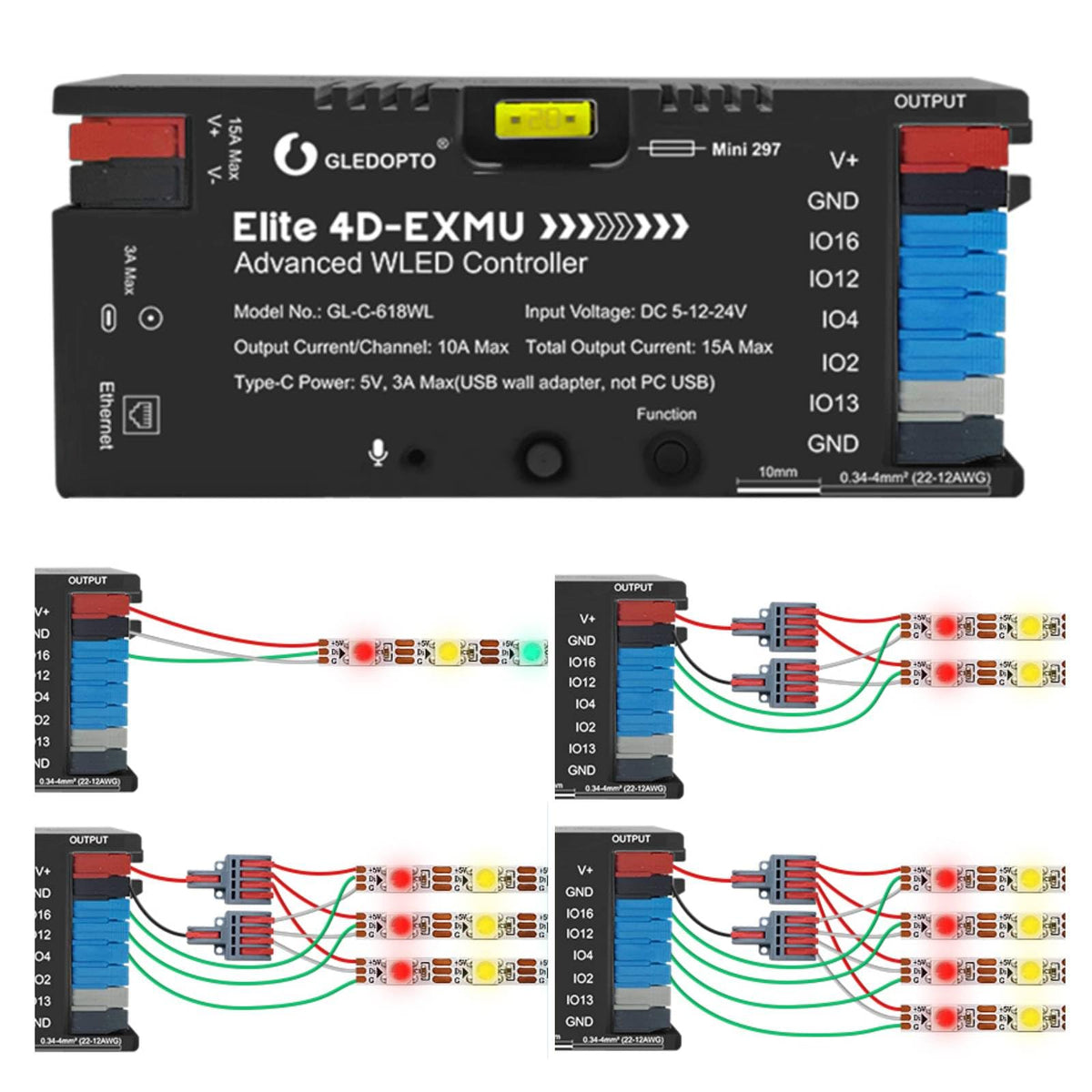 GLEDOPTO ESP32 WLED LED Strip Controller RRP - £34.99 4-Output Ethernet Music Reactive UART 20A Pluggable Fuse – 618WL-4