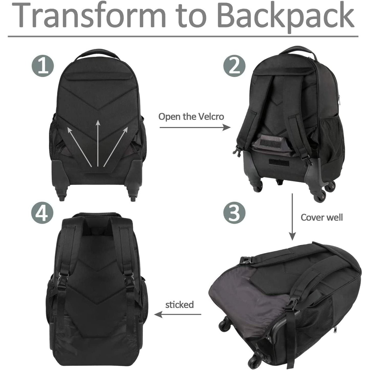 MATEIN Travel Backpack with Wheel - RRP: £54.99 - Wheeled Rucksack Suitcase with 4Wheels, 17Inch Laptop Trolley Bag Men Carry On Backpack for Plane Hand Luggage Women Flight Approved Rolling Back Pack for Trip,Black