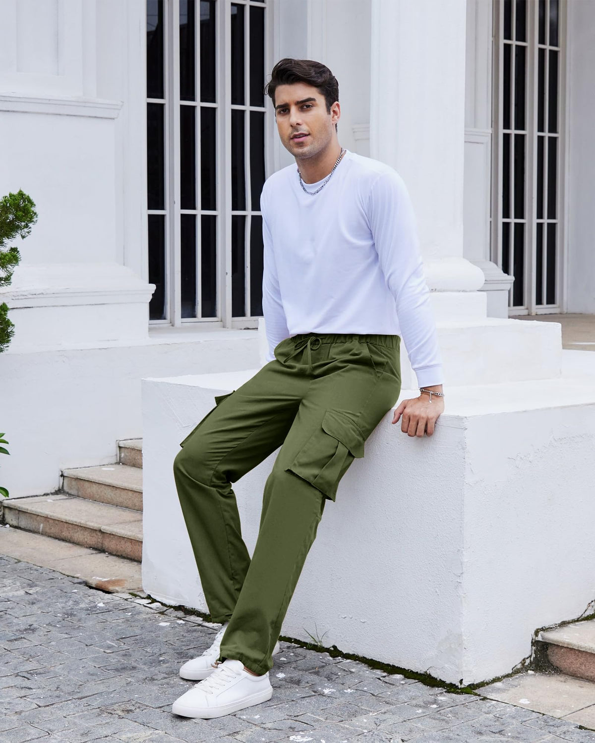 Men's Cotton Cargo Trousers RRP - £24.99 Drawstring Stretch Pockets Casual – Army Green 2XL