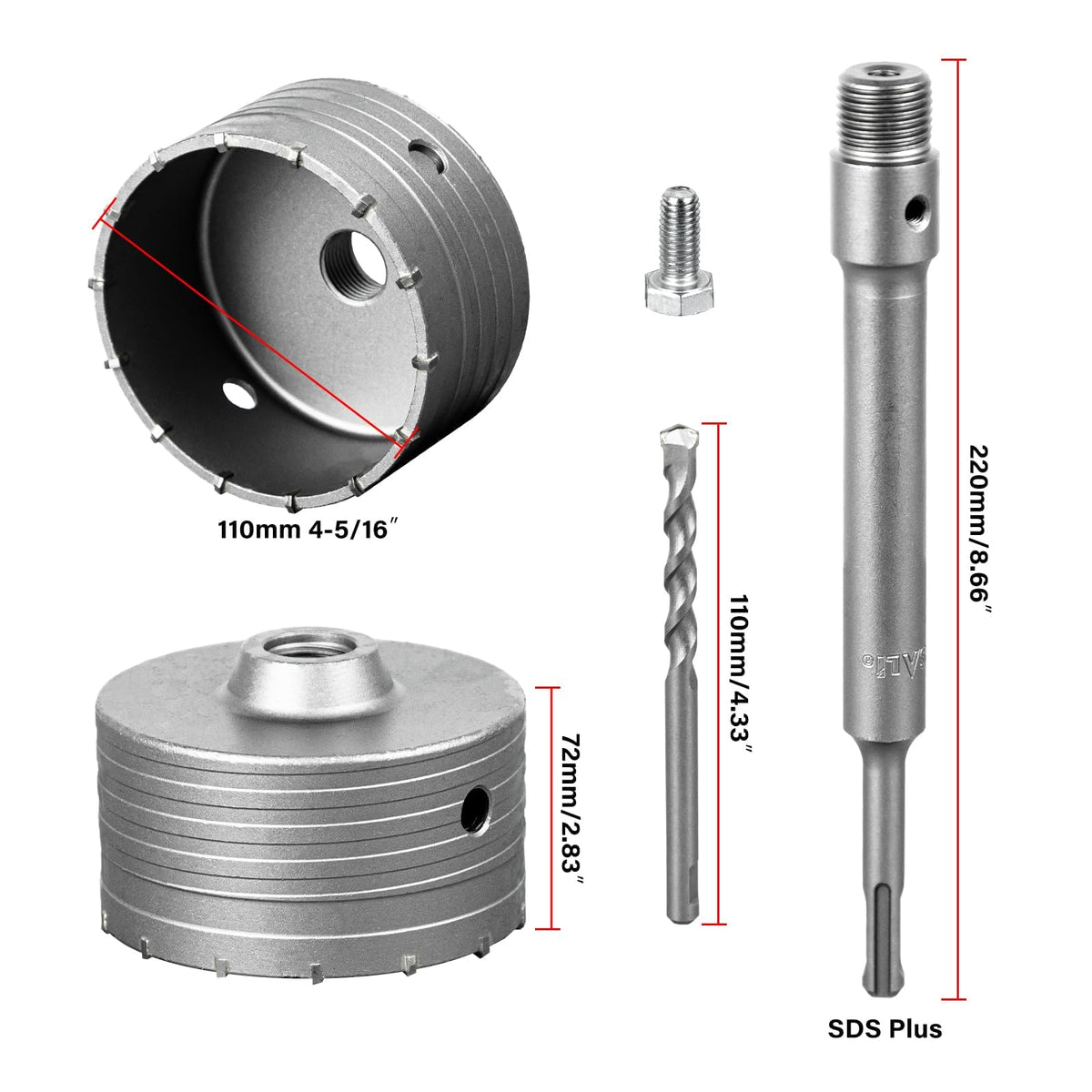 SALI Concrete Hole Saw Kits 110mm Tungsten Steel Wall Hole Cutter Drill Bit Sets with M22 Thread 220mm SDS Plus Shank Connecting Rod Center Positioning Drill Bit for Cement Wall Masonry Foam Brick