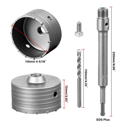 SALI Concrete Hole Saw Kits 110mm Tungsten Steel Wall Hole Cutter Drill Bit Sets with M22 Thread 220mm SDS Plus Shank Connecting Rod Center Positioning Drill Bit for Cement Wall Masonry Foam Brick