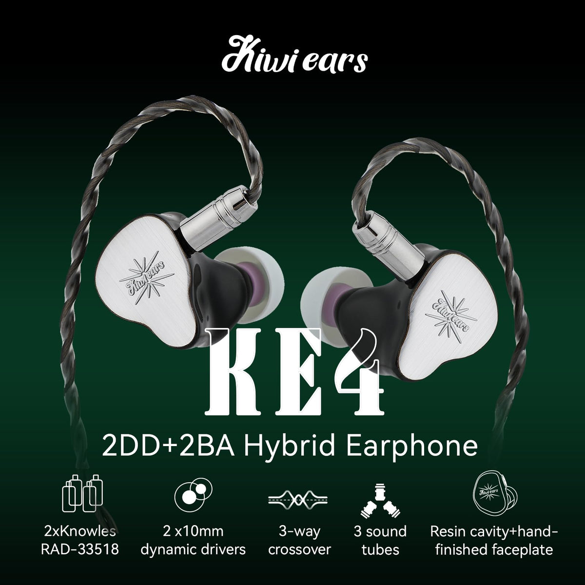 Linsoul Kiwi Ears KE4 In Ear Monitor RRP - £169.99, 2DD+2BA Hybrid Earphone, Gaming Earbuds, HiFi Wired IEM, with Detachable IEM Cable for Musician Audiophile (Silver)
