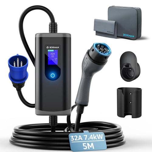 7kW Type 2 to CEE EV Charging Cable Adjustable 6–32A IP65 LED Display – 5m