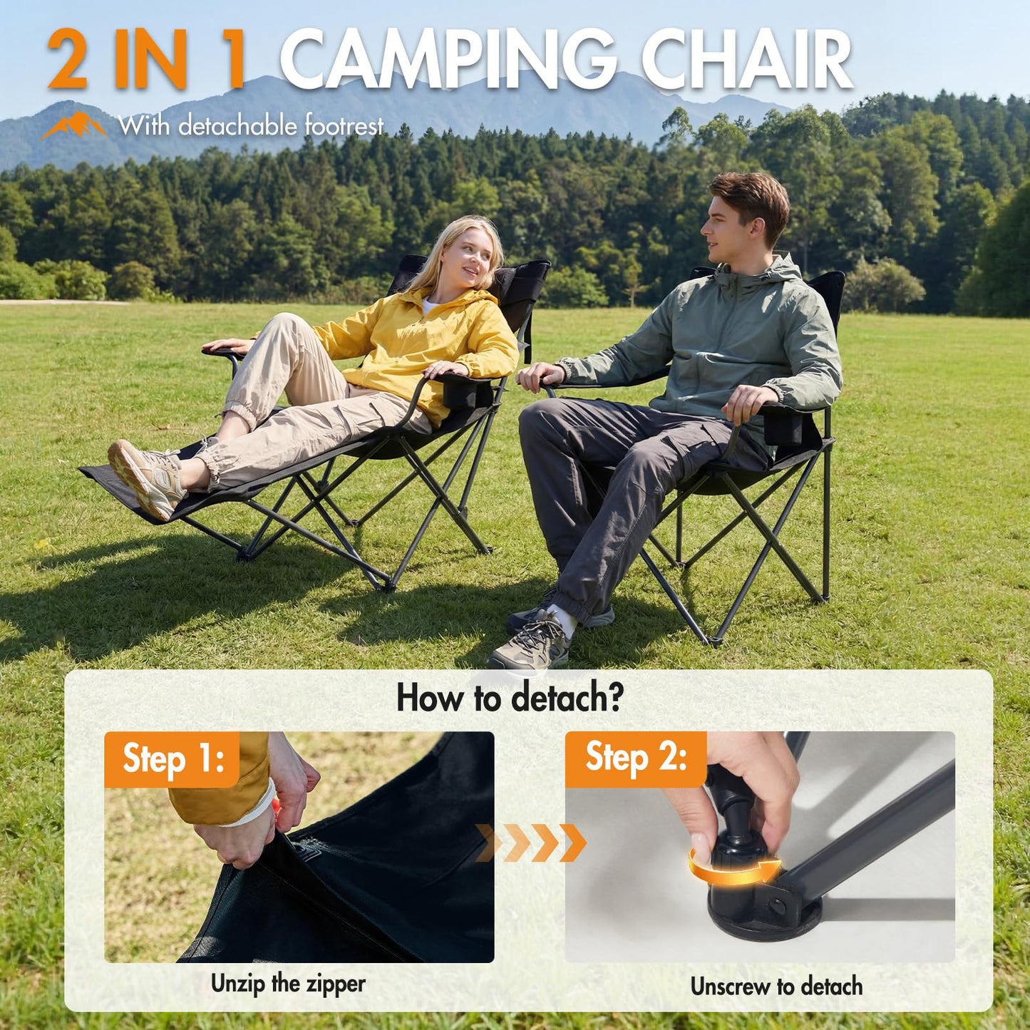 2-in-1 Folding Camping Chair - RRP £49.99 - 3-Position with Footrest & Cushion – 180kg