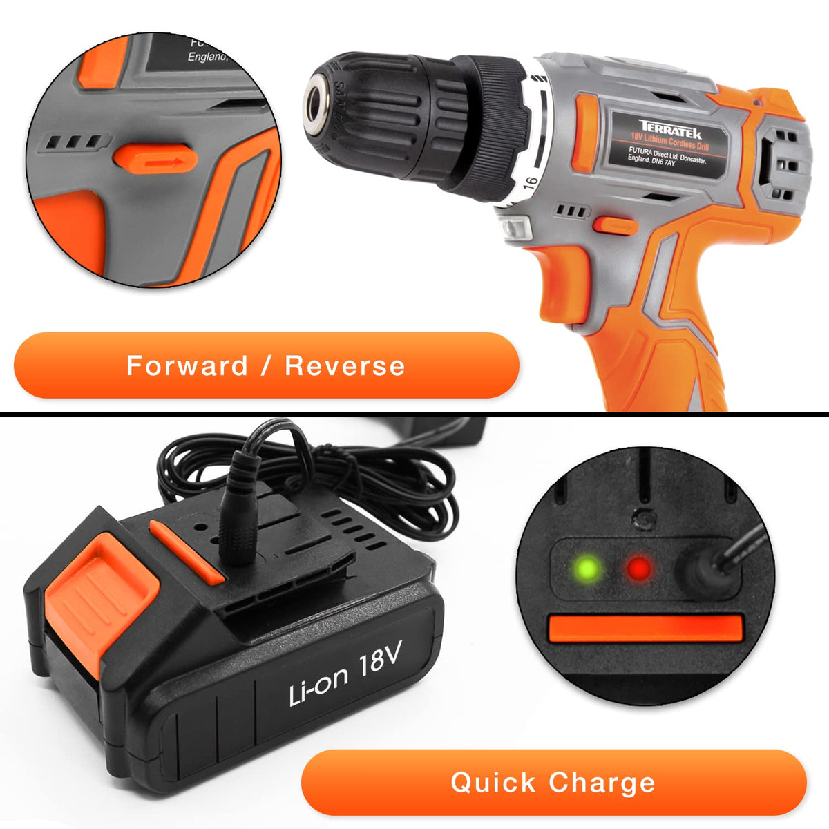 Terratek Cordless Drill RRP - £26.99 Driver 18V Lithium-Ion, 13Pc Electric Screwdriver Set, LED Work Light, Electric Drill Quick Change Power Drill Battery and Charger Included