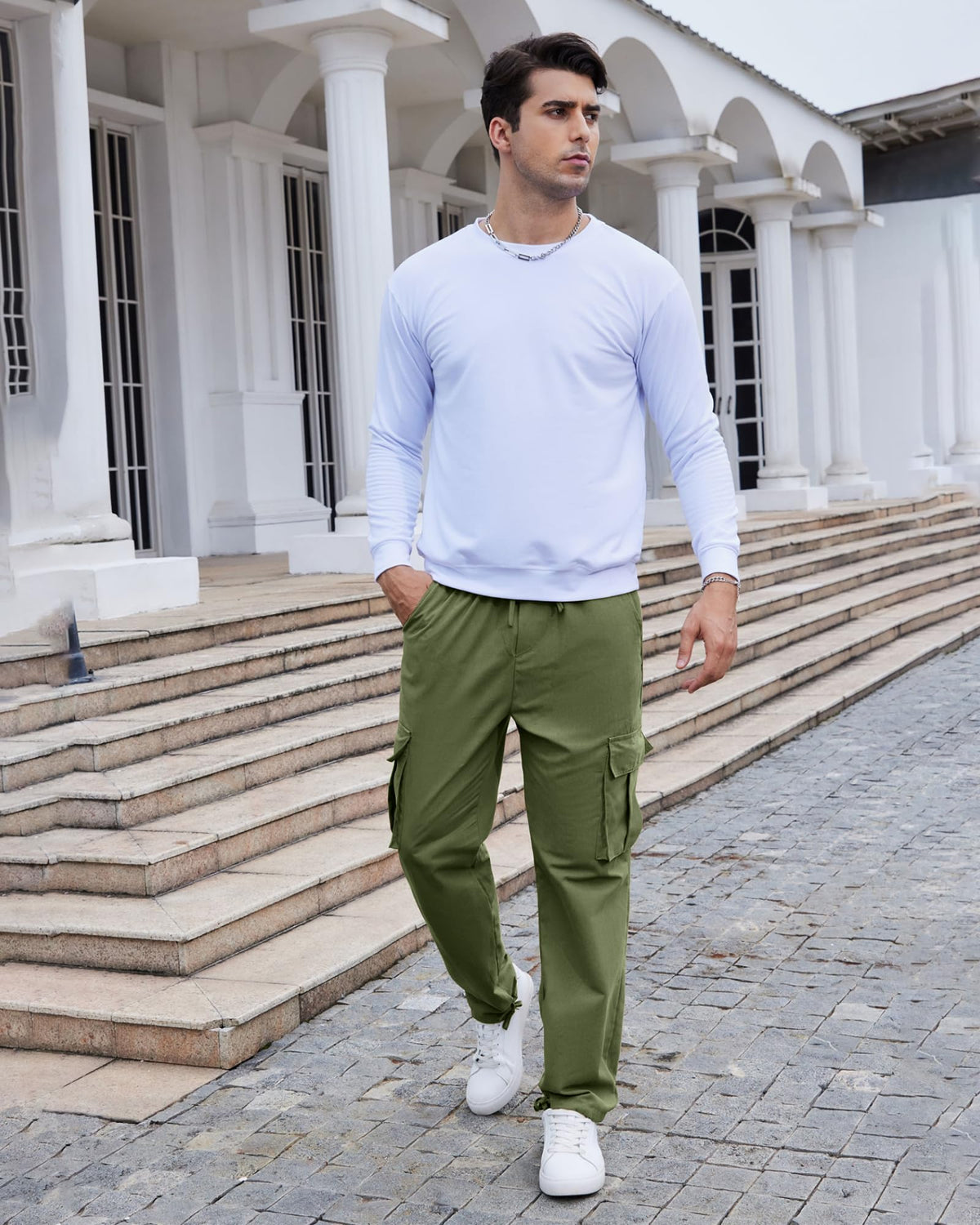 Men's Cotton Cargo Trousers RRP - £24.99 Drawstring Stretch Pockets Casual – Army Green 2XL