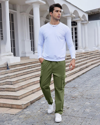 Men's Cotton Cargo Trousers RRP - £24.99 Drawstring Stretch Pockets Casual – Army Green 2XL