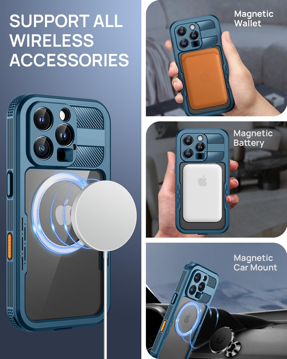 Lanhiem for iPhone 16 Pro Max Waterproof Case RRP - £24.99, [Compatible with MagSafe] Heavy Duty Shockproof Cover with Built in Screen Protector, Protective Magnetic Phone Case for iPhone 16 Pro Max (Blue)