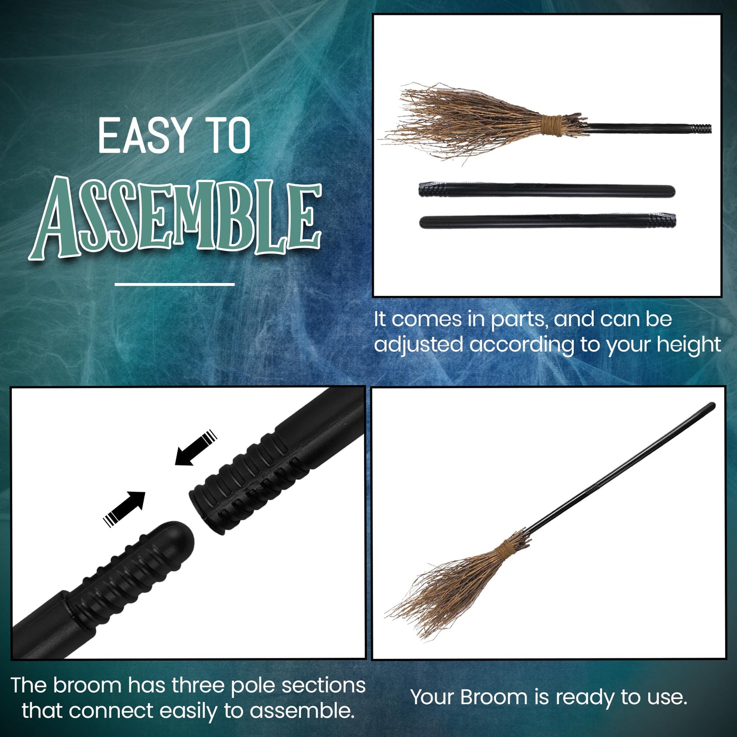 Witches Broomstick 3 Piece Realistic Halloween Costume Accessory - RRP £11.99 – 110 cm