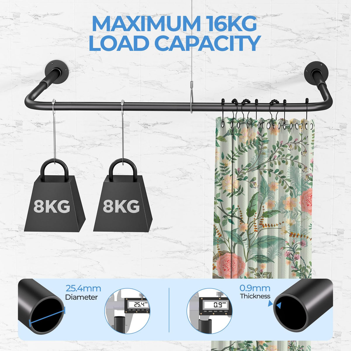 Adjustable L/U-Shaped Shower Curtain Rail RRP - £39.99 Wall & Ceiling Mounted 60-92x78-198x60-92cm with 12 Rings & Ceiling Support – Chrome