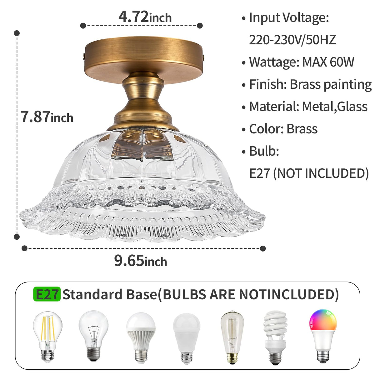 Semi Flush Ceiling Light RRP - £74.99 9.8in Brass Glass Vintage Shade Suitable for Bedroom Dining Kitchen – H087-T