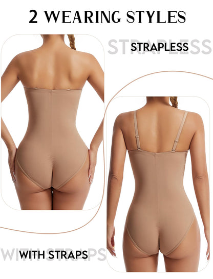 Strapless Tummy Control Shapewear Bodysuit RRP - £14.99 Removable Straps Low Back Shaping – Beige XL