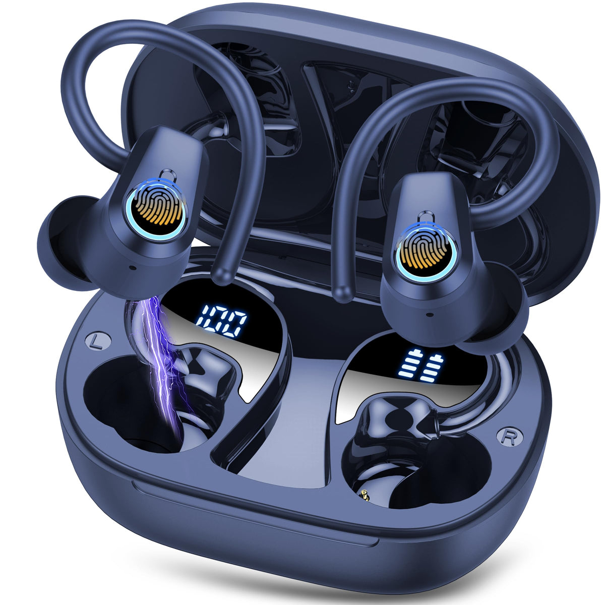 Wireless Earbuds RRP - £19.99, Bluetooth 5.3 Headphones with 4 ENC Noise Canceling Mic, 50H Stereo Dual LED Display Ear Buds, Sport Wireless Earphones with Earhooks, IP7 Waterproof Wireless Headphones Gym, Blue