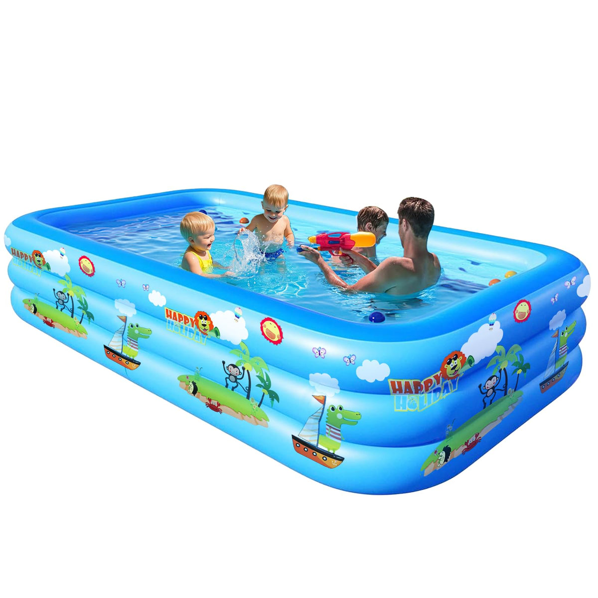 GALAXYER Inflatable Paddling Pool RRP - £39.99 with Cartoon Prints, 3 Rings Large Rectangular Family Swimming Center for Kids Toddlers Adult, Indoor Outdoor Garden Swimming Pool, 205 × 125 × 50 CM