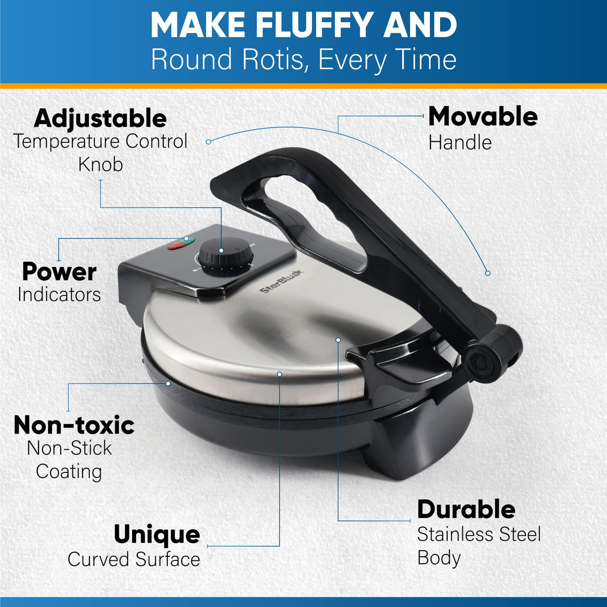 StarBlue 25.4cm Roti Maker Machine RRP - £59.99 with Free Roti Heater and Removable Handle - Indian Chapati, Tortilla, Roti AC220-240V 50/60Hz 1200W, UK Plug