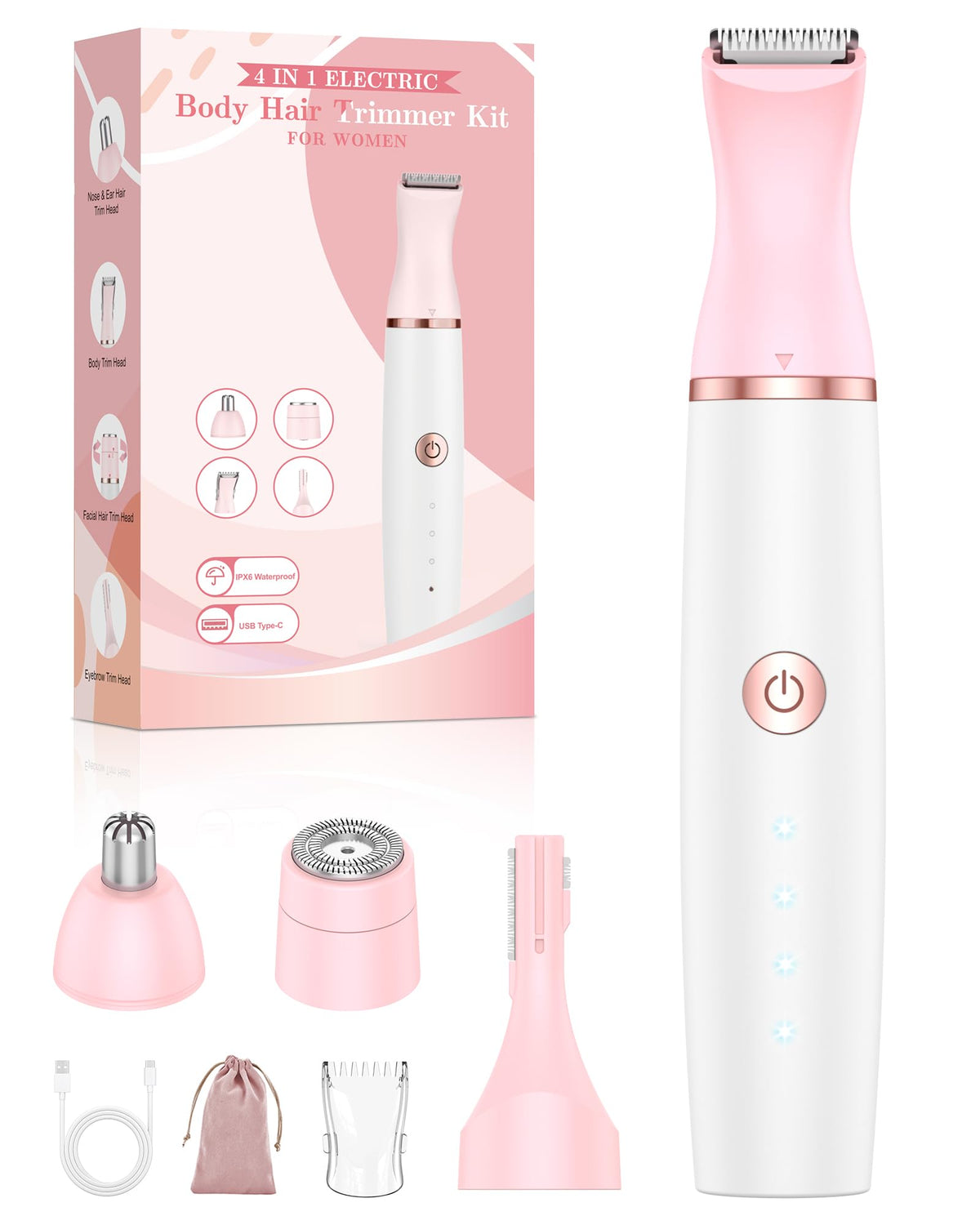 4-in-1 Women's Electric Bikini Trimmer Painless Facial & Body Razor Rechargeable USB Portable