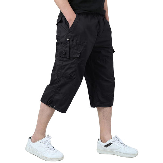 KEFITEVD Men's Long Shorts Cropped Cargo Trousers RRP - £32.99 Knee Length Shorts Loose Fit Capri Short Pants,Black,32