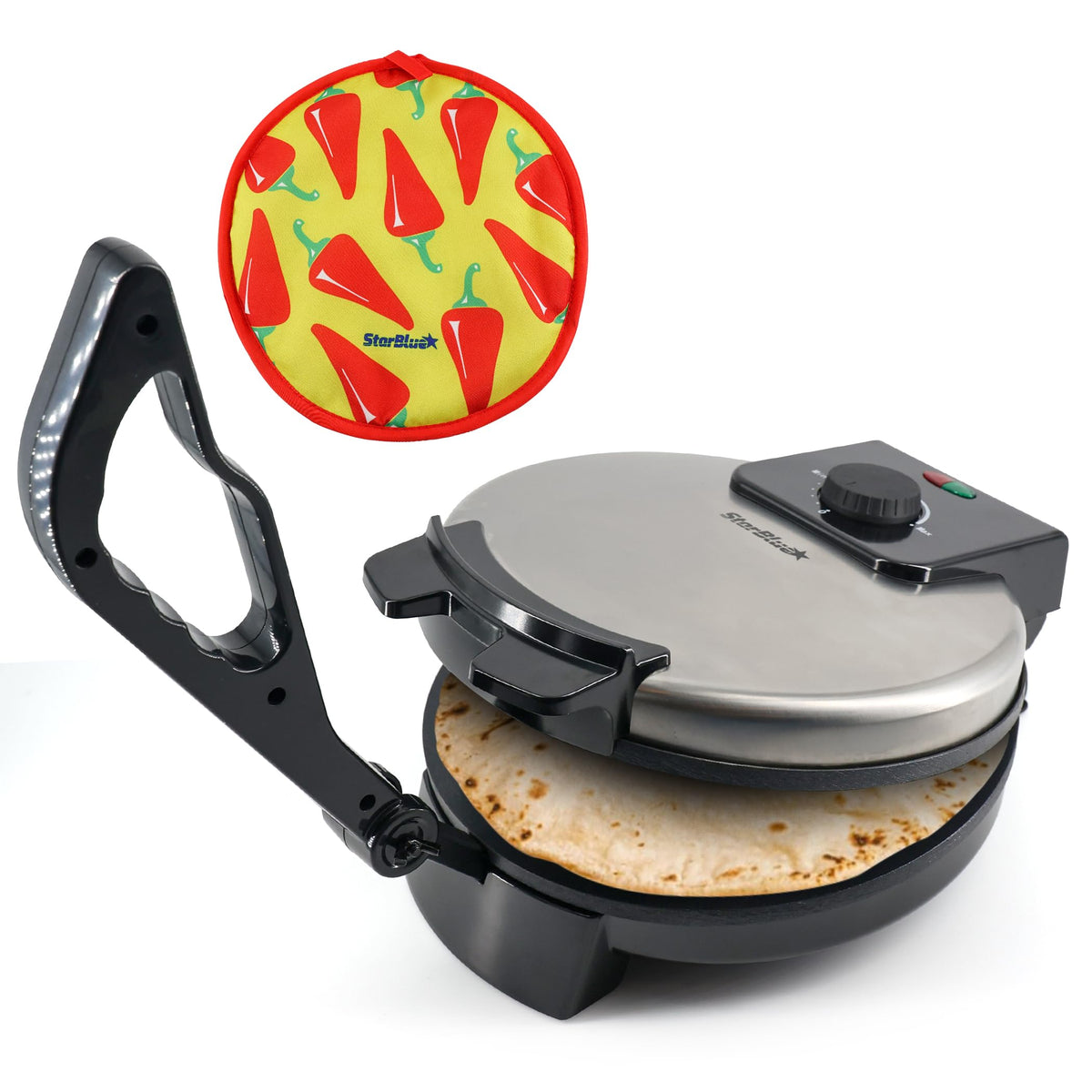 StarBlue 25.4cm Roti Maker Machine RRP - £59.99 with Free Roti Heater and Removable Handle - Indian Chapati, Tortilla, Roti AC220-240V 50/60Hz 1200W, UK Plug