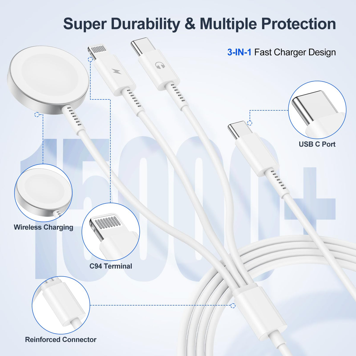 3-in-1 Apple Watch Charger 20W USB-C Fast Charge 2m - Universal