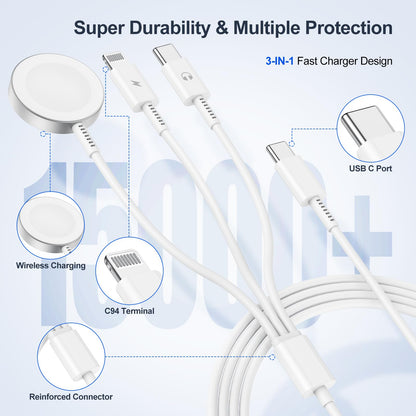 3-in-1 Apple Watch Charger 20W USB-C Fast Charge 2m - Universal
