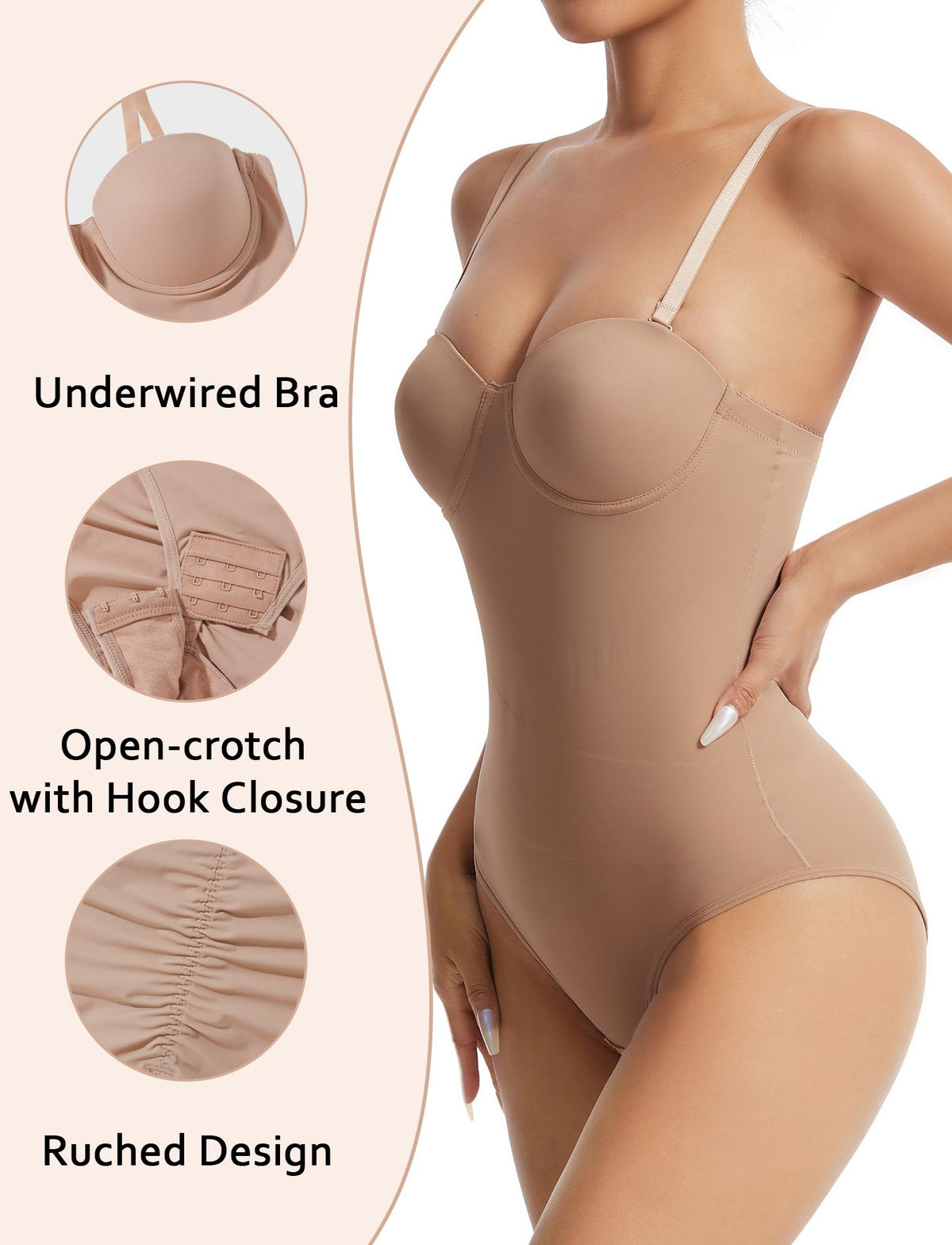 Strapless Tummy Control Shapewear Bodysuit RRP - £14.99 Removable Straps Low Back Shaping – Beige XL