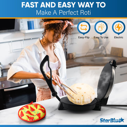 StarBlue 25.4cm Roti Maker Machine RRP - £59.99 with Free Roti Heater and Removable Handle - Indian Chapati, Tortilla, Roti AC220-240V 50/60Hz 1200W, UK Plug