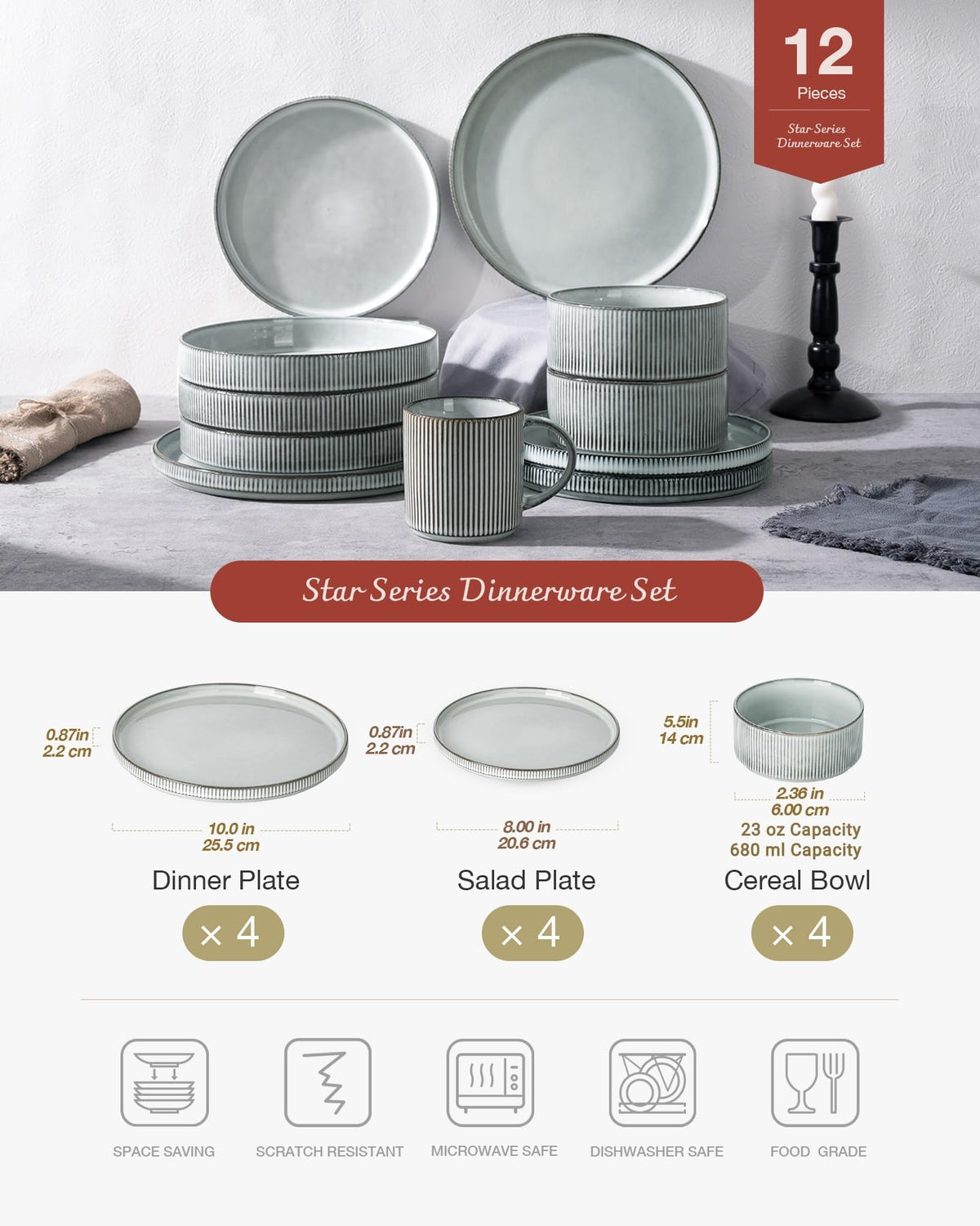 Richmount Star Plates and Bowls Set RRP - £59.99, 12 Pieces Dinner Set for 4, Stoneware Dinnerware Sets with Dinner Plates/Salad Plate/Cereal Bowls, Dishwasher & Microwave Safe, Smoky Blue