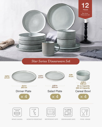 Richmount Star Plates and Bowls Set RRP - £59.99, 12 Pieces Dinner Set for 4, Stoneware Dinnerware Sets with Dinner Plates/Salad Plate/Cereal Bowls, Dishwasher & Microwave Safe, Smoky Blue