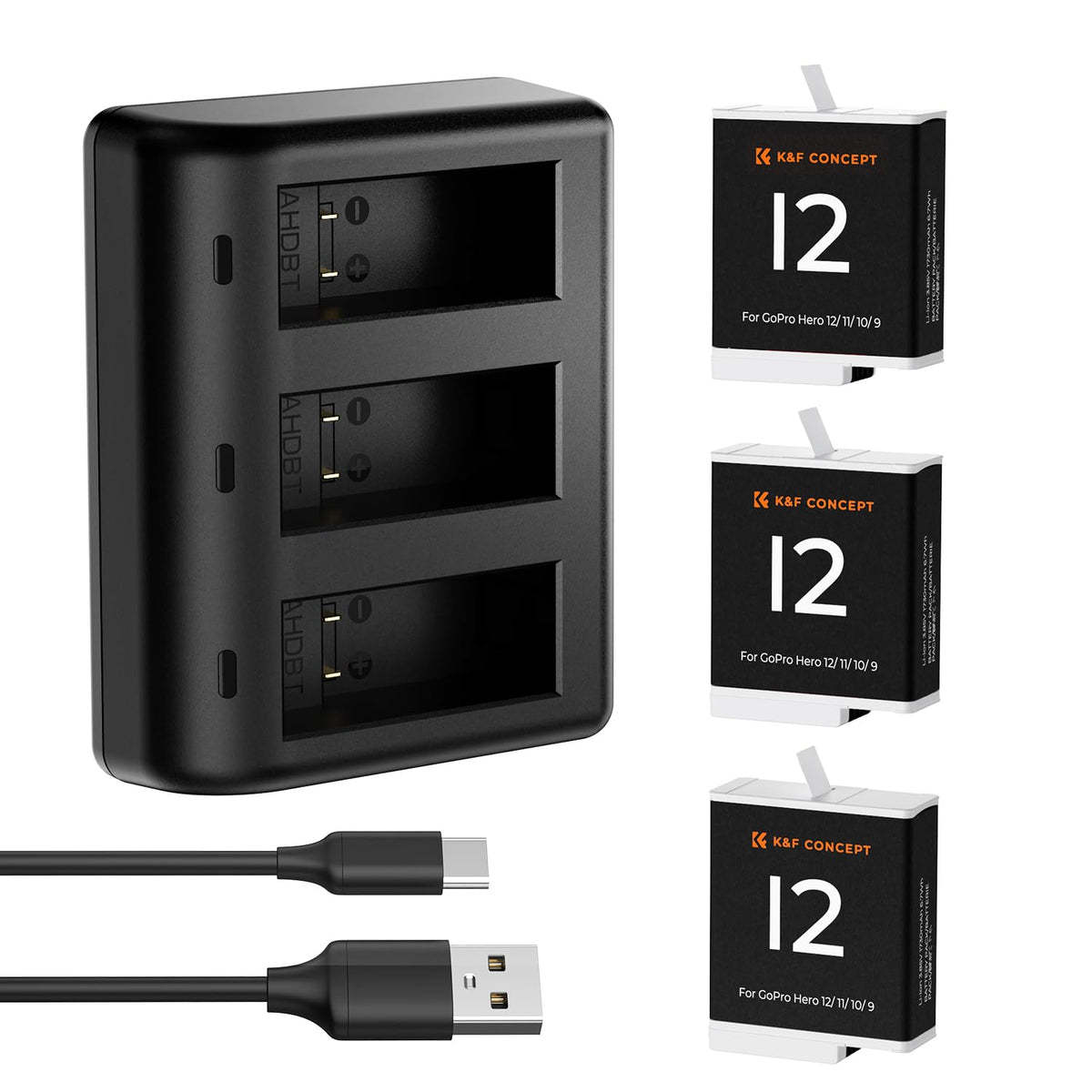 K&F CONCEPT 3-Pack Replacement Battery for Go Pro 12 RRP - £34.99, Enduro Batteries & 3-Channel Quick Charger Compatible with Go Pro Hero 12/11/10/9 Action Cameras, 1730mAh