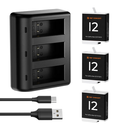 K&F CONCEPT 3-Pack Replacement Battery for Go Pro 12 RRP - £34.99, Enduro Batteries & 3-Channel Quick Charger Compatible with Go Pro Hero 12/11/10/9 Action Cameras, 1730mAh