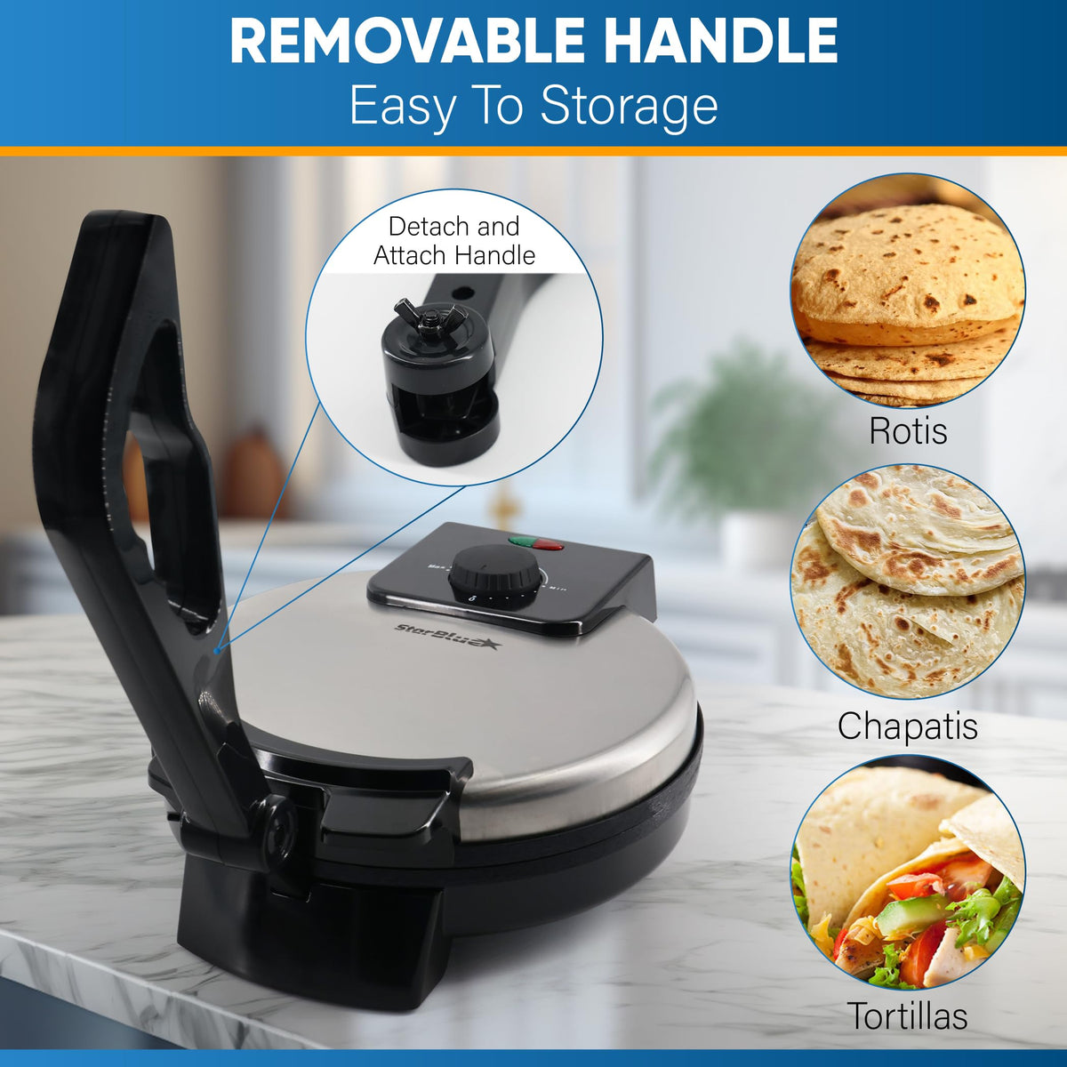 StarBlue 25.4cm Roti Maker Machine RRP - £59.99 with Free Roti Heater and Removable Handle - Indian Chapati, Tortilla, Roti AC220-240V 50/60Hz 1200W, UK Plug