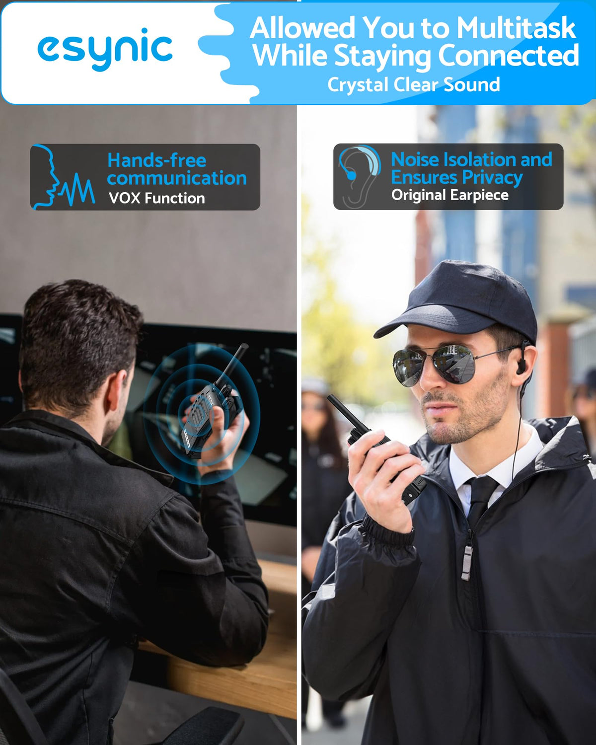 eSynic 2Pack Professional Walkie Talkies RRP - £22.99 for Adults Rechargeable Walkie Talkies Best 16CH Walkie Talkies Hand Free VOX Walkie Talkies With Earpieces& LED Lights Wonderful Gifts For Adults Kids etc