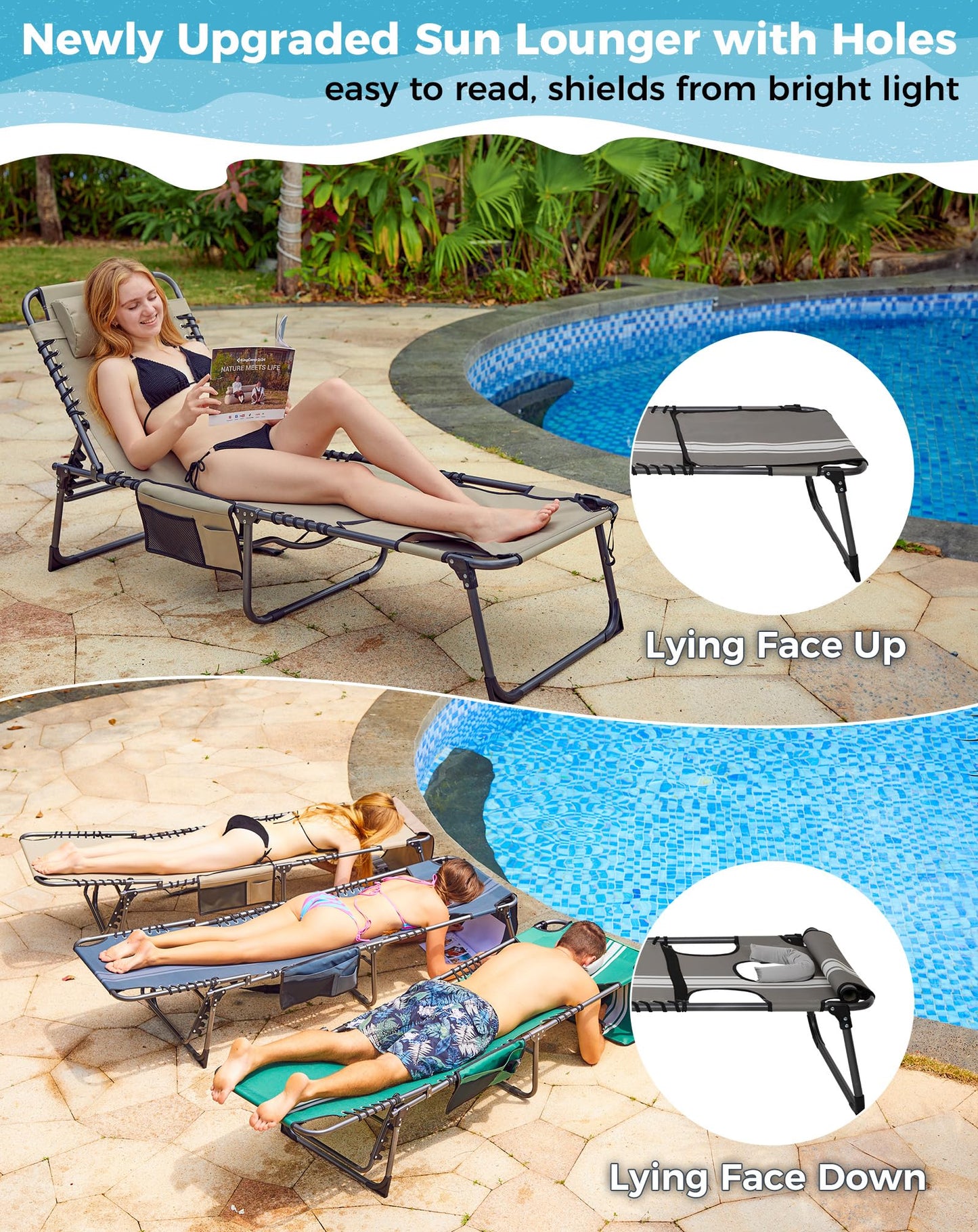 Folding Deckchair - RRP £79.99 - 5-Position Backrest Lightweight with Reading Window – Garden Beach