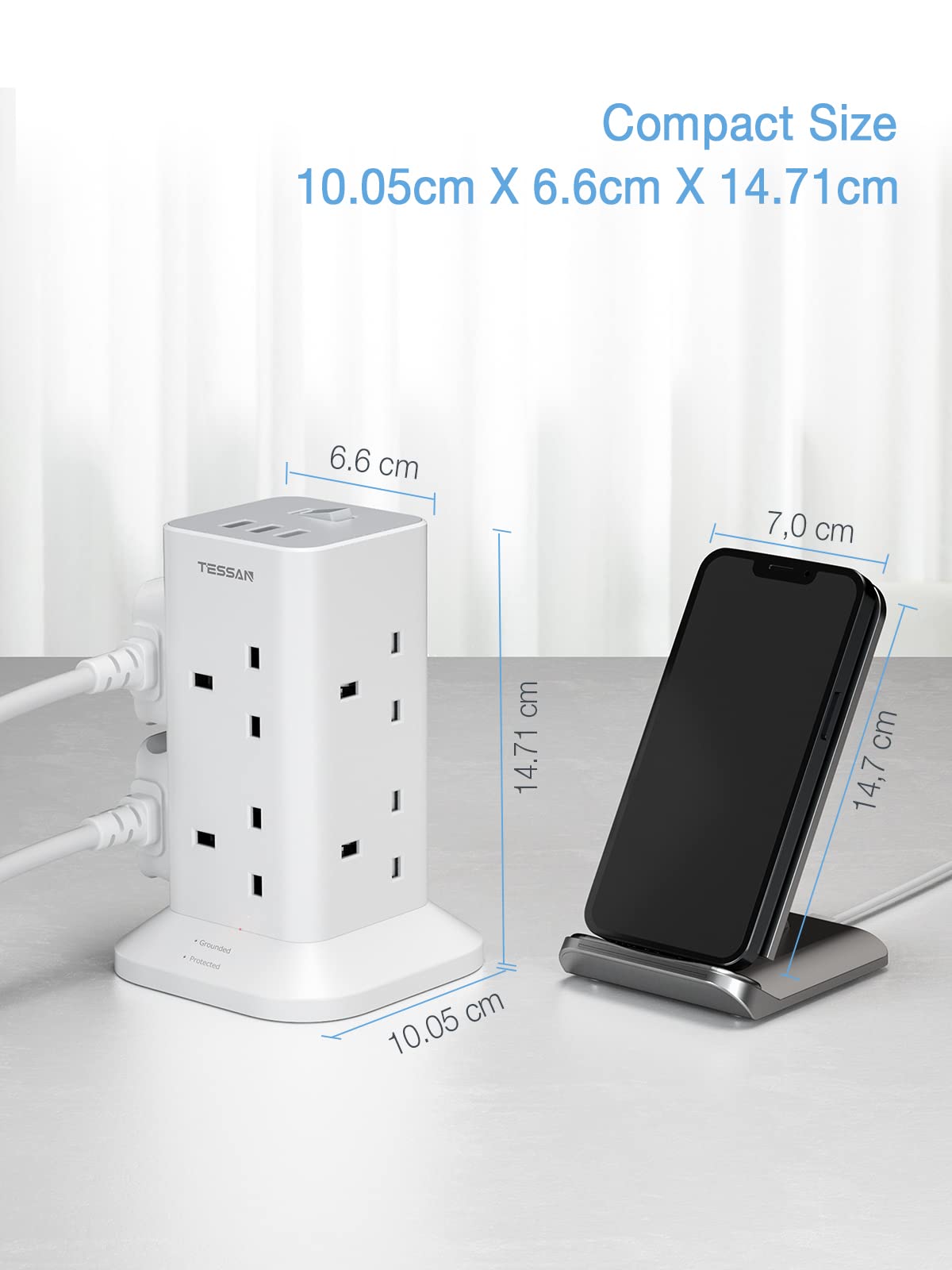 Tower Extension Lead  RRP - £26.99 3M with 3 USB Slots, TESSAN Extension Cable 8 Way Multi Socket Plug with Switch, Surge Protected Power Strip for Home, Office, Kitchen Supplies