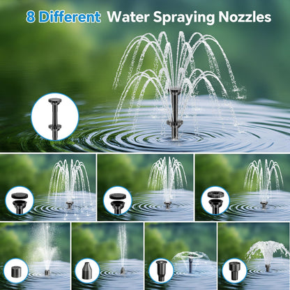 Solar Pond Pump RRP - £35.99 8W with 3600mAh Battery Backup Dry-Run Protection 8 Nozzles – 5ft Tubing