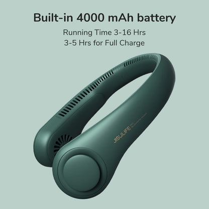 JISULIFE Portable Neck Fan RRP - £37.99, Hands-Free Bladeless, 5 Speeds, 4000 mAh Battery Operated Wearable Personal Fan, Twistable, Rechargeable, Gift for Women Men-Dark Green