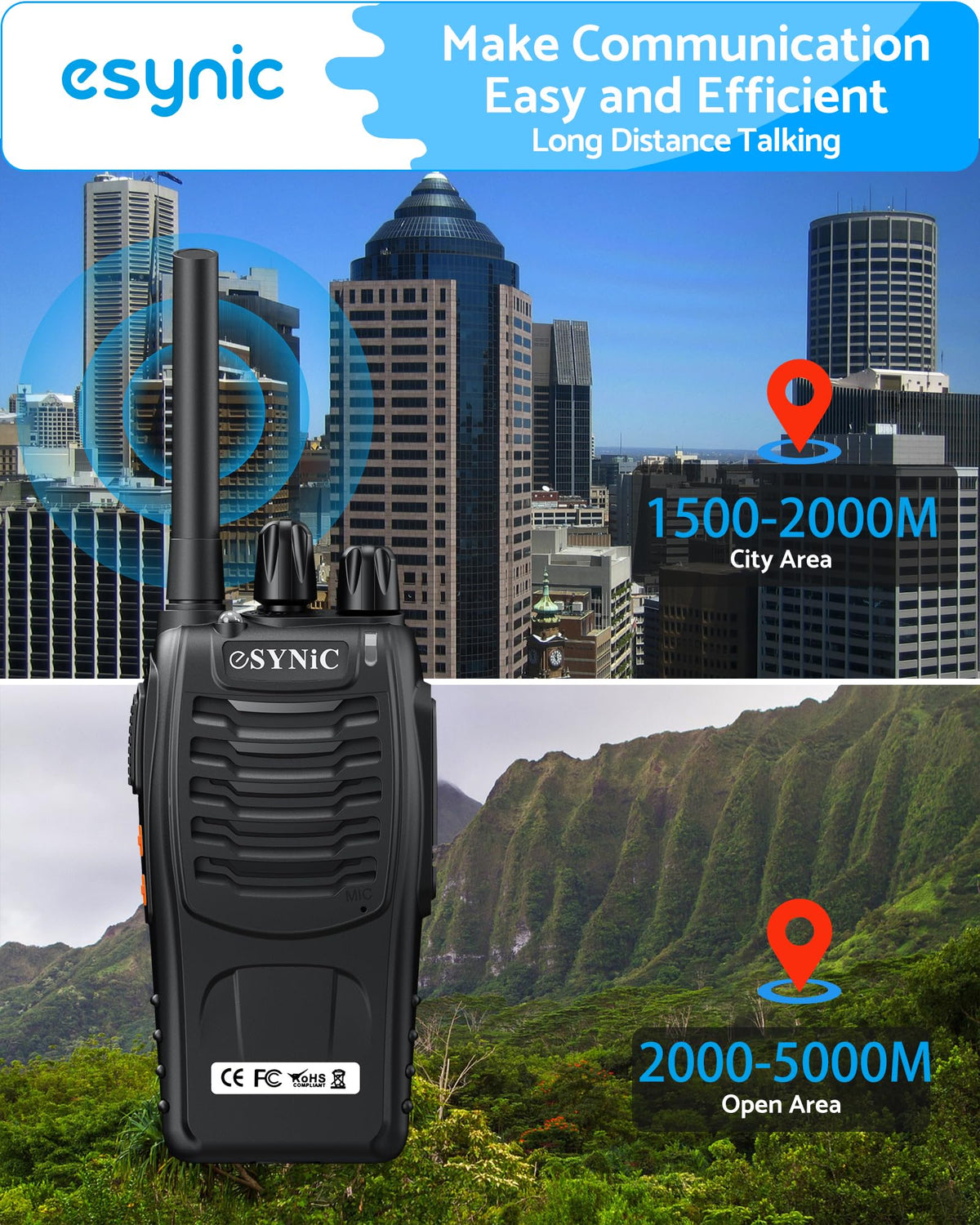eSynic 2Pack Professional Walkie Talkies RRP - £22.99 for Adults Rechargeable Walkie Talkies Best 16CH Walkie Talkies Hand Free VOX Walkie Talkies With Earpieces& LED Lights Wonderful Gifts For Adults Kids etc