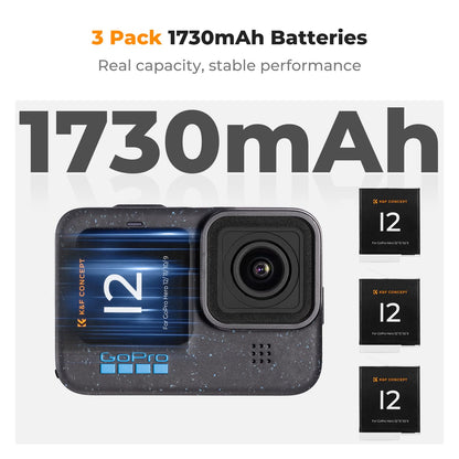 K&F CONCEPT 3-Pack Replacement Battery for Go Pro 12 RRP - £34.99, Enduro Batteries & 3-Channel Quick Charger Compatible with Go Pro Hero 12/11/10/9 Action Cameras, 1730mAh