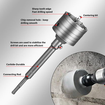 SALI Concrete Hole Saw Kits 110mm Tungsten Steel Wall Hole Cutter Drill Bit Sets with M22 Thread 220mm SDS Plus Shank Connecting Rod Center Positioning Drill Bit for Cement Wall Masonry Foam Brick