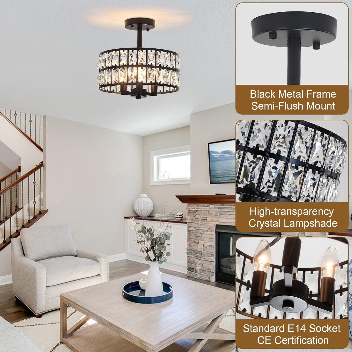 ASHUAQI Gold Crystal Ceiling Lights RRP - £74.99 Living Room, 3-Light Crystal Chandelier, E14 Modern Semi Flush Mount Chandeliers Ceiling Light for Bedroom, Hallway, Kitchen, Lounge, Dining Room