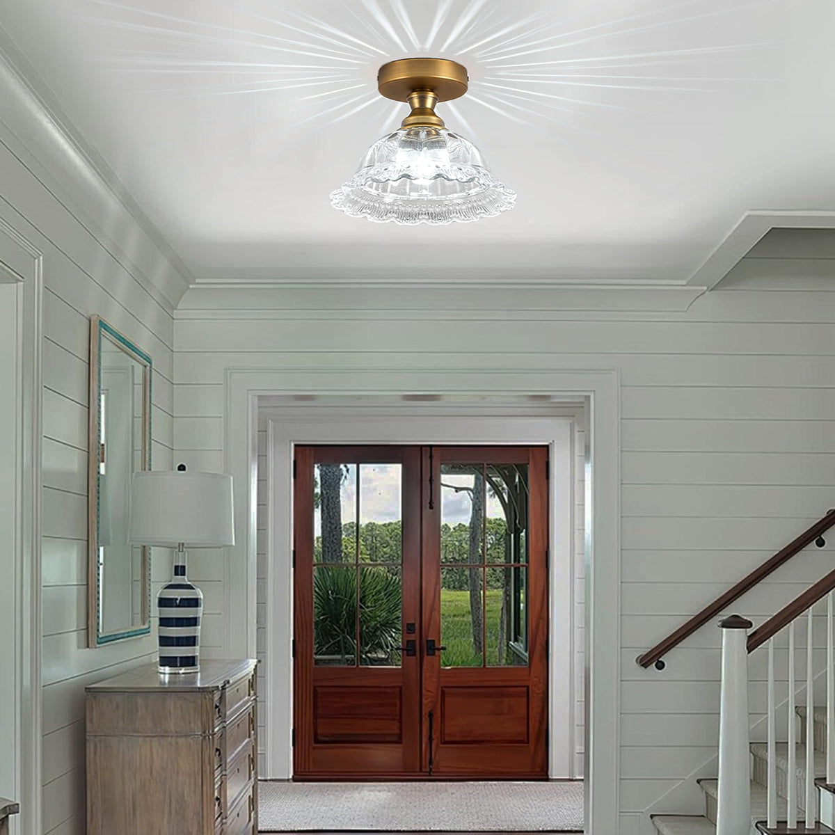 Semi Flush Ceiling Light RRP - £74.99 9.8in Brass Glass Vintage Shade Suitable for Bedroom Dining Kitchen – H087-T