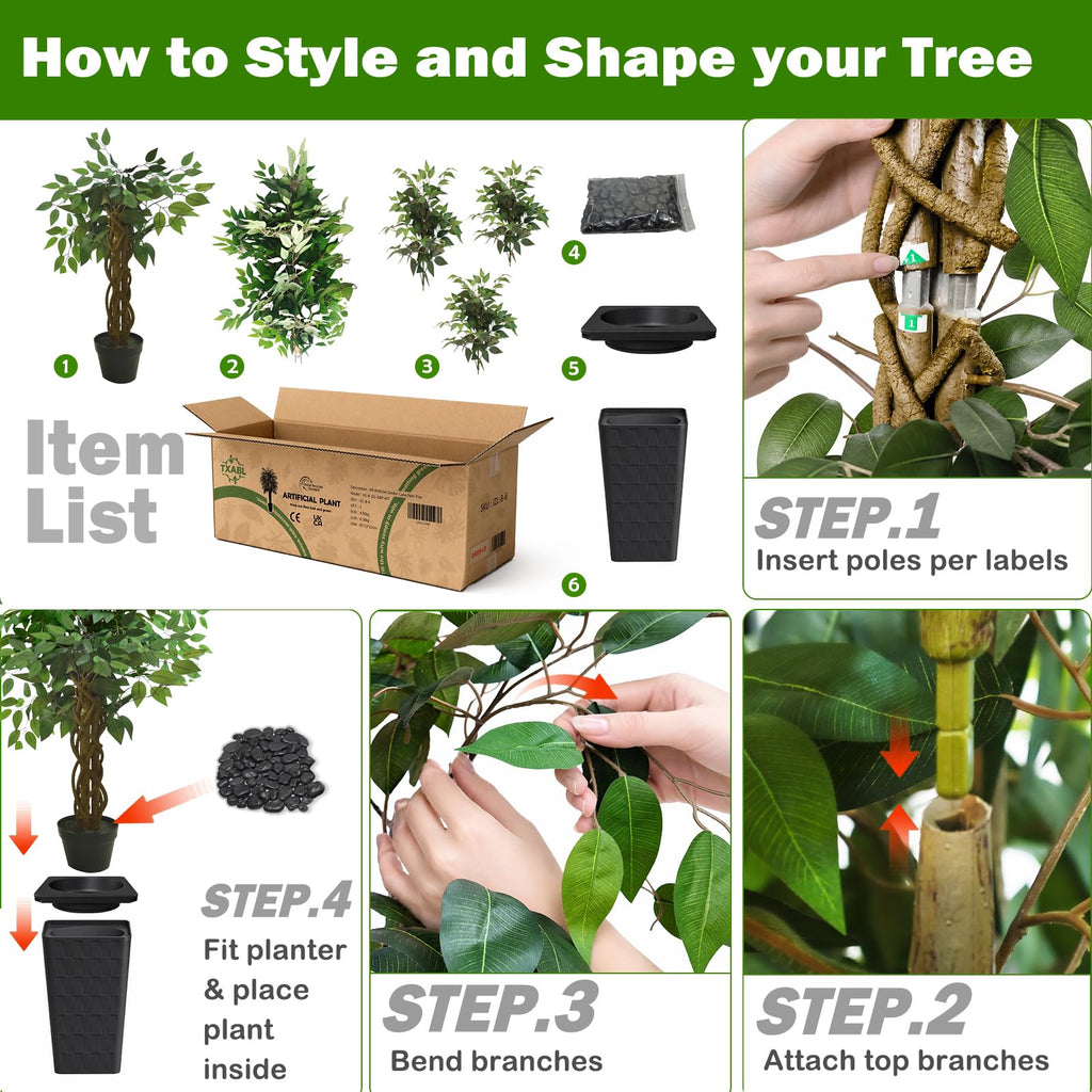 Artificial Ficus Tree 6ft Large with Tall Black Planter RRP - £109.99 – Green/Black