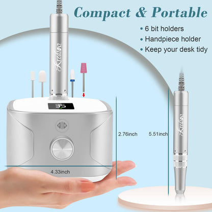 Kredioo Nail Drill RRP - £39.99 35,000RPM, Electric Nail File for Acrylic and Gel Nails, Professional Nail Drill Machine, Manicure Pedicure Kit with 11 Bits, LCD Display, Touch Button (Silver)