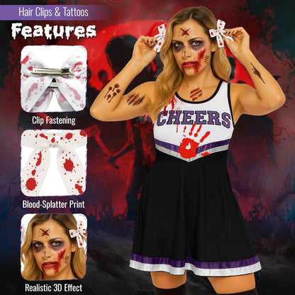 Zombie Cheerleader Costume Women - RRP £19.99 – Dead Outfit with Pom Poms, Fake Blood, Tattoos – Halloween