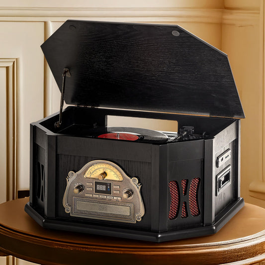 Record Player 10-in-1 Vinyl Turntable CD USB SD Bluetooth FM/AM Remote – Black - FAULTY