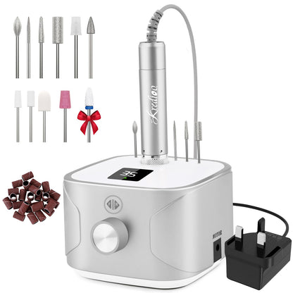 Kredioo Nail Drill RRP - £39.99 35,000RPM, Electric Nail File for Acrylic and Gel Nails, Professional Nail Drill Machine, Manicure Pedicure Kit with 11 Bits, LCD Display, Touch Button (Silver)